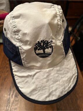 Timberland White and Navy Logo Unisex Cap with Tree Patch, stretch close back.
